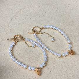 5-6淡水珍珠近圆微微瑕手链14k注金松子手链气质清新小众设计款式