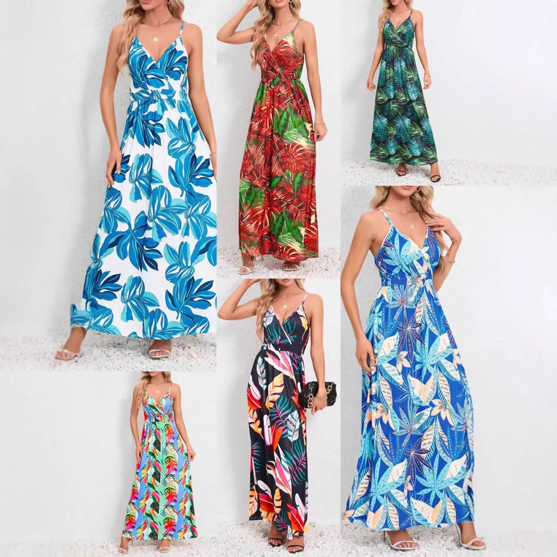 European and American Summer Dresses, Tropical Print, V-Neck, High-Waisted, Strap-Style, Vacation Style, Slim Fit, Flared Long Dress for Women