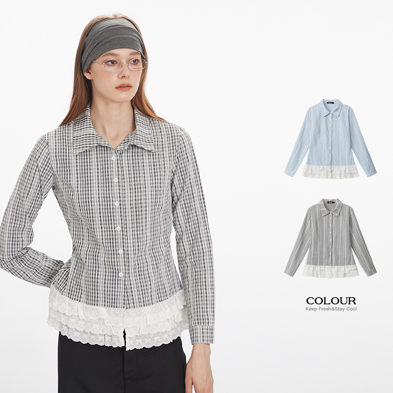 Heyhenry Japanese Style Plaid Slim Long-Sleeved Shirt for Women 2025 New Autumn Shoulder Season Lace Top