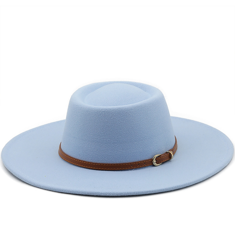 Brown Leather Buckle Pure Color Woolen 9.5cm Brim Men's and Women's Autumn and Winter Warm Outdoor Oval Ring Top Hat