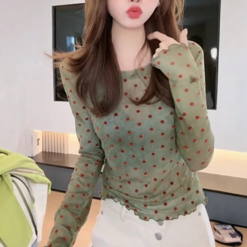 2025 New Autum Polka Dot Long-Sleeved T-Shirt Women's Slimming Look Fashionable Versatile Simple Korean Style Women's Tops Trendy 2025 New Autum Polka Dot Long-Sleeved T-Shirt Women's Slimming Look Fashionable Versatile Simple Korean Style Women's Tops Trendy