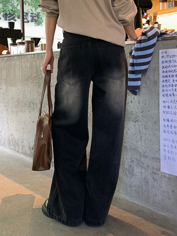 广州黄峥韩系秋季新款黑灰色牛仔裤女廓形直筒复古做旧洗水530062|undefined