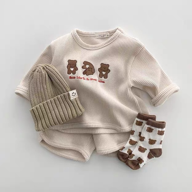 Traje de otoño para niños estilo coreano ropa para niños bebé Tres Osos traje bebé Otoño waffle traje de dos piezas primavera y otoño