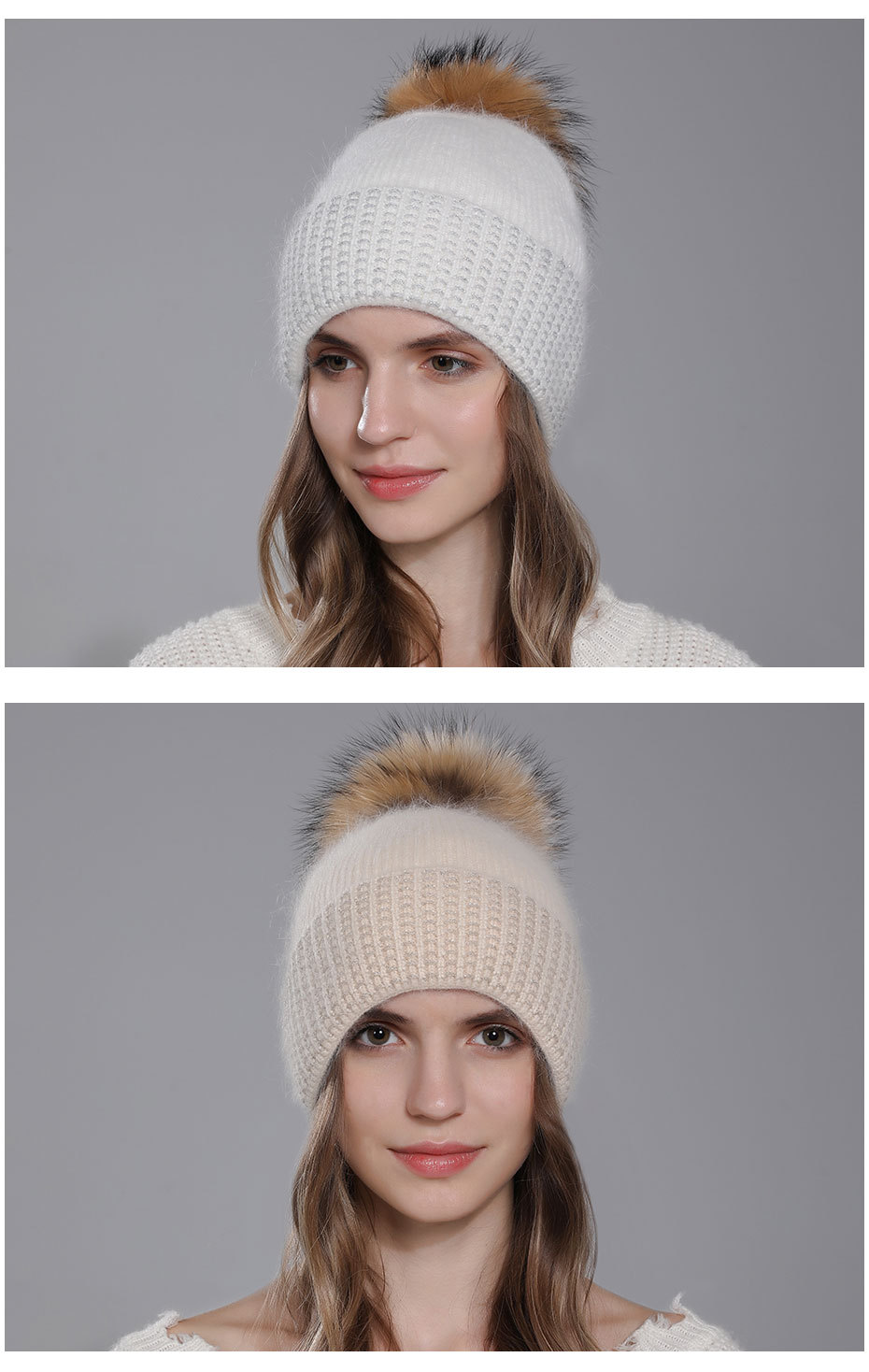 Ægte vaskebjørnepelsbold til kvinder, kaninhår strikket varmt til børn, moderigtig vinteruldhue_voghion.com