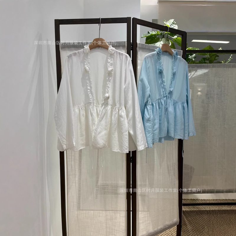 Japanese-Style Niche 45-Dimensional Handmade Small Rose Pleated Lace-Up Deep V-Neck Lyocell Long-Sleeve Shirt