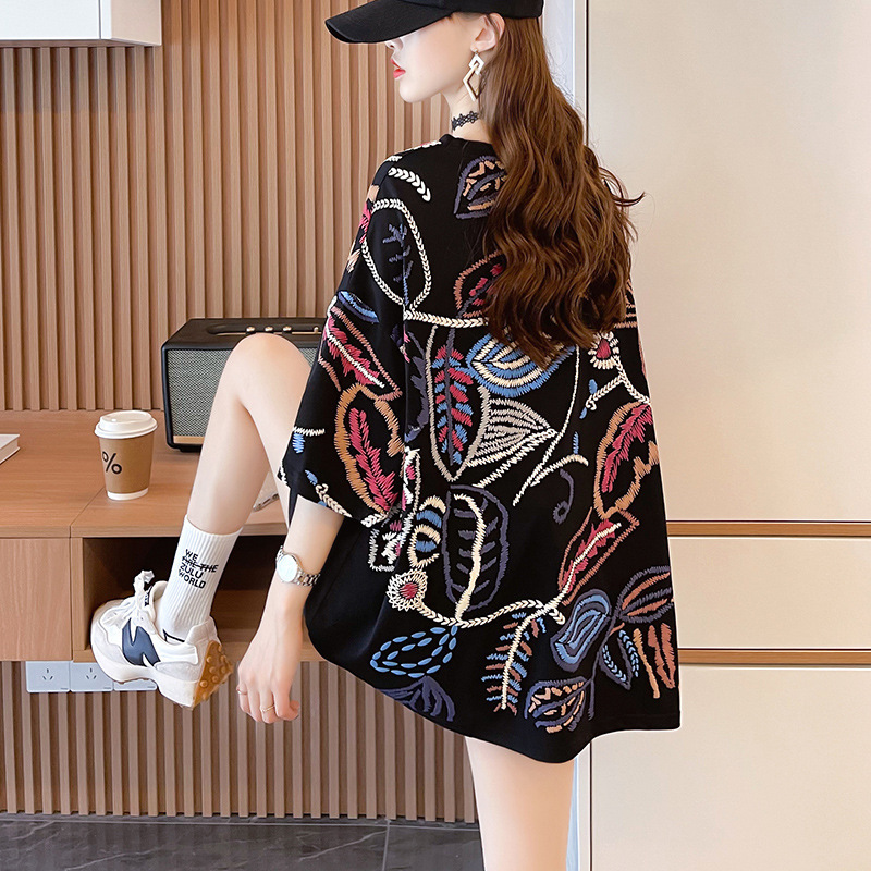 Cross-Border New 2026 Summer Korean Style Pure Cotton Short-Sleeved T-Shirt Women's Printed Casual Top Fashionable Mid-Length Women's Clothing Cross-Border New 2026 Summer Korean Style Pure Cotton Short-Sleeved T-Shirt Women's Printed Casual Top Fashionable Mid-Length Women's Clothing