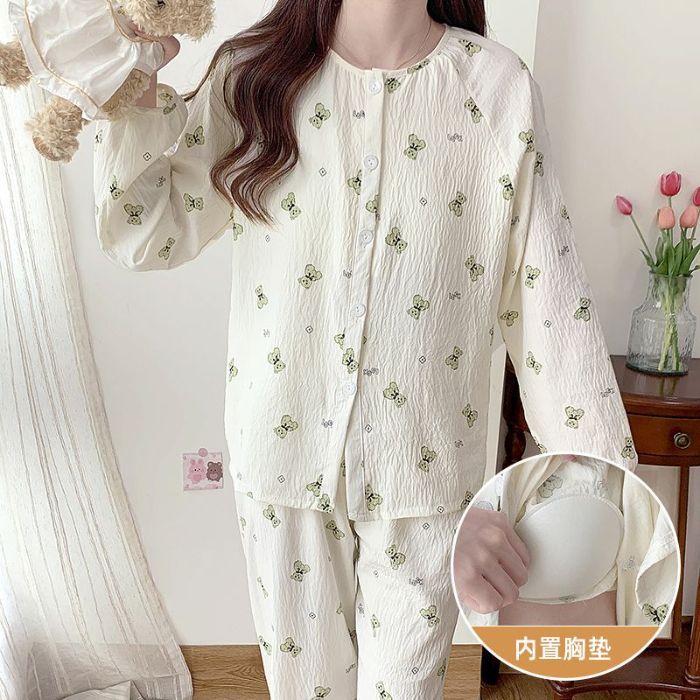 Al por mayor transfronterizo nuevo cardigan de manga larga pantalones largos cinturón cojín de pecho pijama de cuello redondo para mujeres puede ser dulce y cómodo algodón nubes hogar
