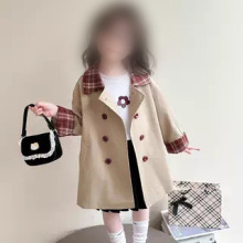 女童翻领中长款学院风衣儿童秋季英伦风格子外套宝宝春秋上衣洋气