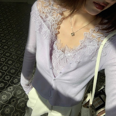 33羊毛混纺拼接蕾丝针织衫毛衣女设计感长袖打底衫秋新款