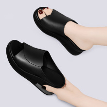 坡跟凉拖鞋女真皮松糕底一字拖夏松糕牛皮半拖顾明强外穿高跟拖鞋