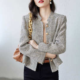 法式小香风外套女2026春秋新款立领毛呢时尚气质小众别致短款上衣