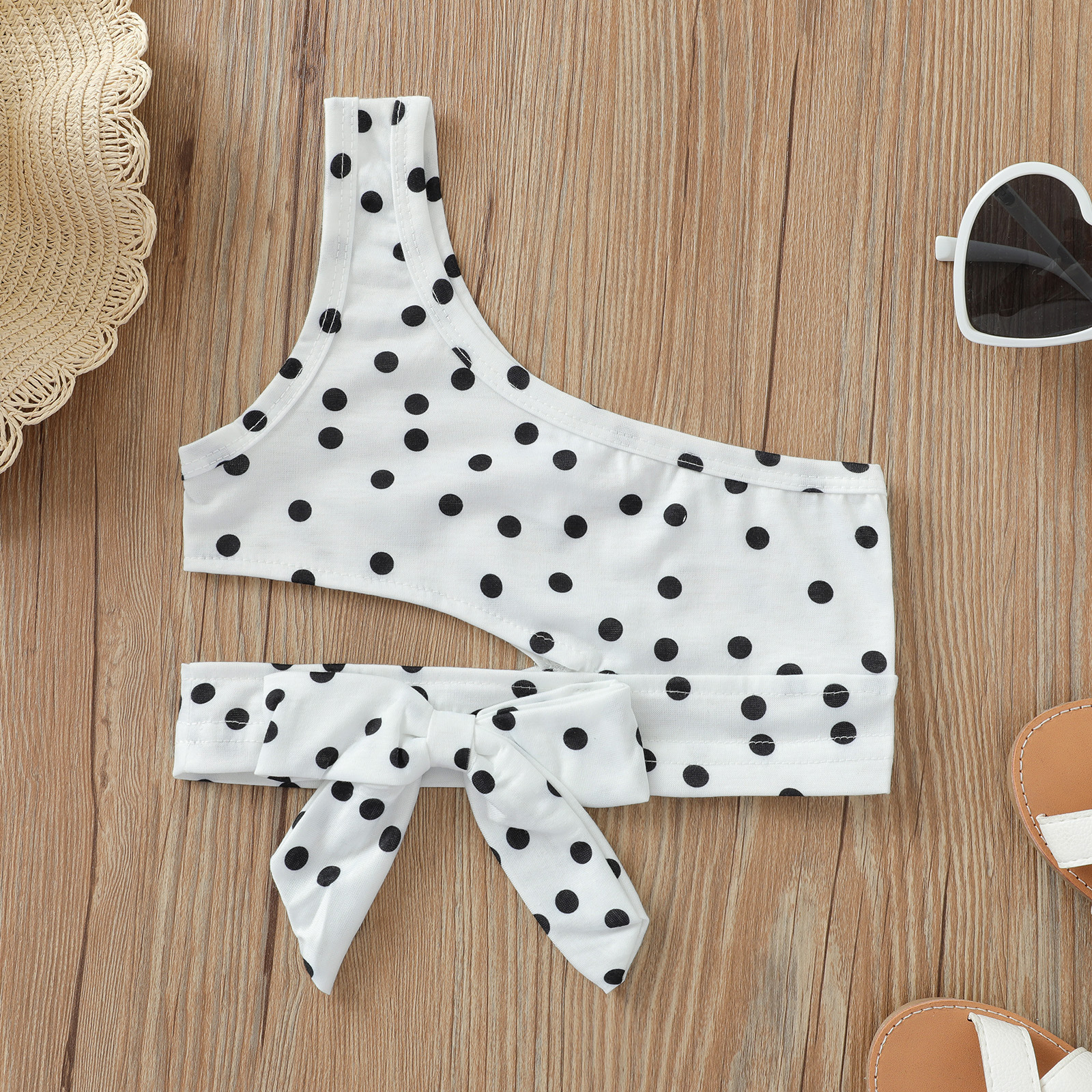 Chaleco transfronterizo para niños verano nuevas niñas Honda Polka Dot ombligo corto Top arco hombro camisa corta europea y americana