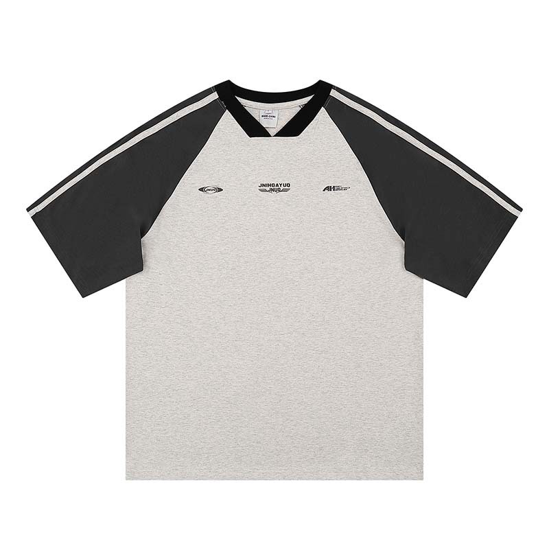 国潮街头条杠撞色拼接字母印花短袖T恤男女款潮牌宽松休闲半袖TEE