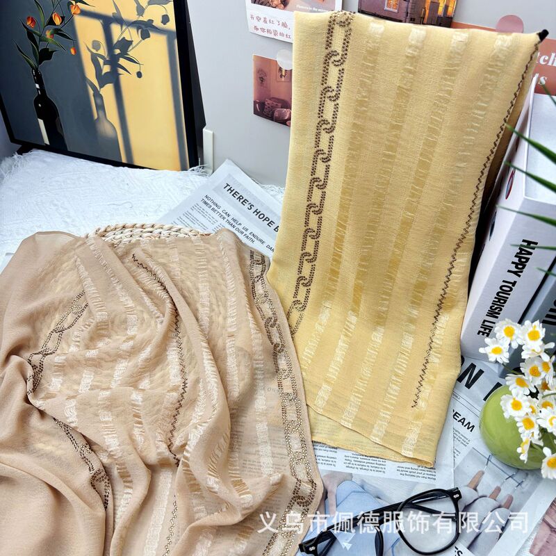 3色雪纺条纹压花烫钻假链条设计感围巾长巾手感舒适顺滑长巾|undefined