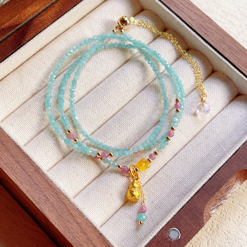 Brilliant Gem-Like Faceted Extremely Fine Amazonite Beeswax Sand Gold Gourd Bracelet for Women Sky Blue Three-Circle Bracelet