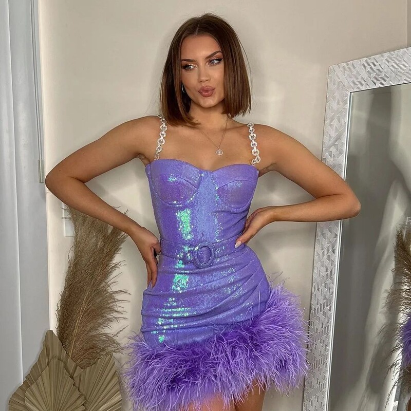 Cross-Border Evening Dress Women's Sexy Tight One-Step Skirt Dress Artificial Fur Belt Purple Sequin Suspender Skirt