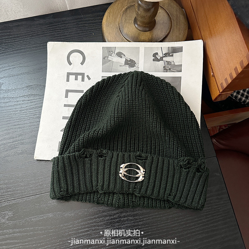 个性做旧脏脏破洞针织帽秋冬翻边套头帽保暖洋气字母标百搭毛线帽|undefined