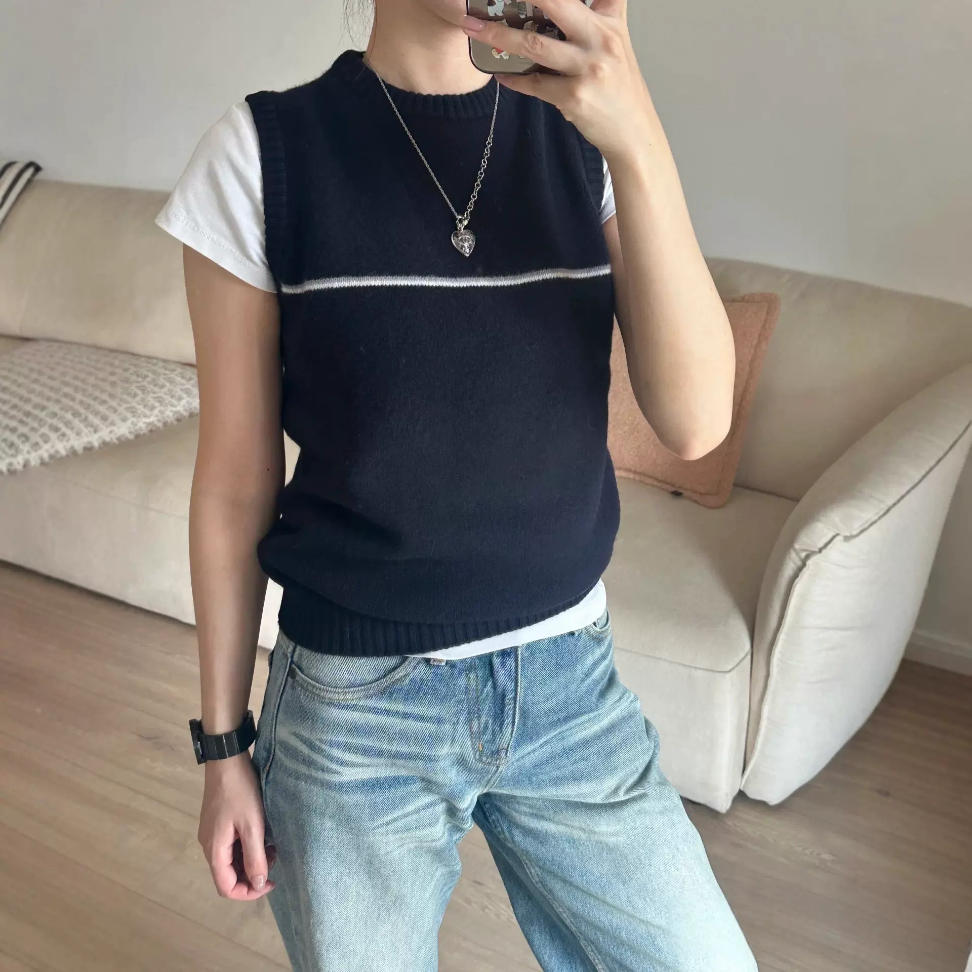 新款百搭时髦多色羊毛纱圆领无袖撞色毛织背心女无袖针织上衣5116