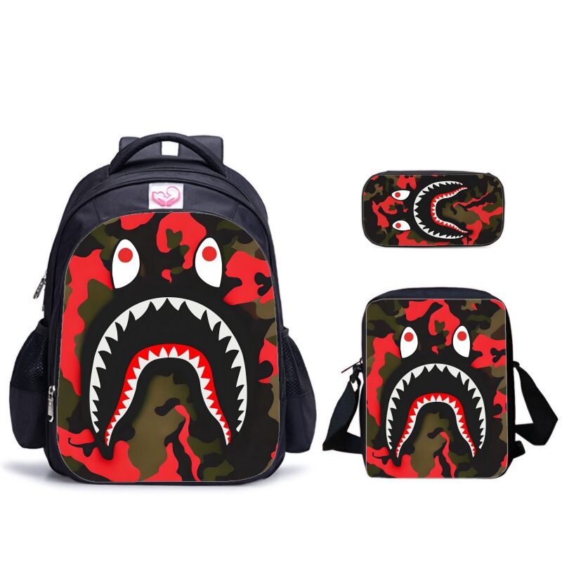 Dark Red Camouflage Shark Mouth Backpack, Shoulder Bag, Pencil Case Three-Piece Set, Trendy Street Style Student Campus Set Dark Red Camouflage Shark Mouth Backpack, Shoulder Bag, Pencil Case Three-Piece Set, Trendy Street Style Student Campus Set