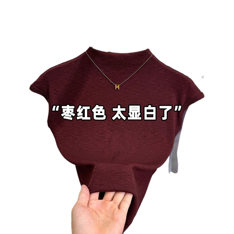 欧货半高领小飞袖T恤秋上衣女新款修身显瘦时尚短款内搭打底|undefined