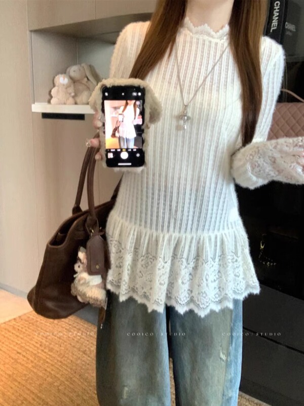 纯色花边半高领长袖T恤女早秋叠穿蕾丝内搭打底衫设计感小众上衣|undefined