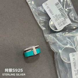 通体S925纯银首饰个性设计嘻哈男女珐琅宽版蓝色排钻戒指GD同款