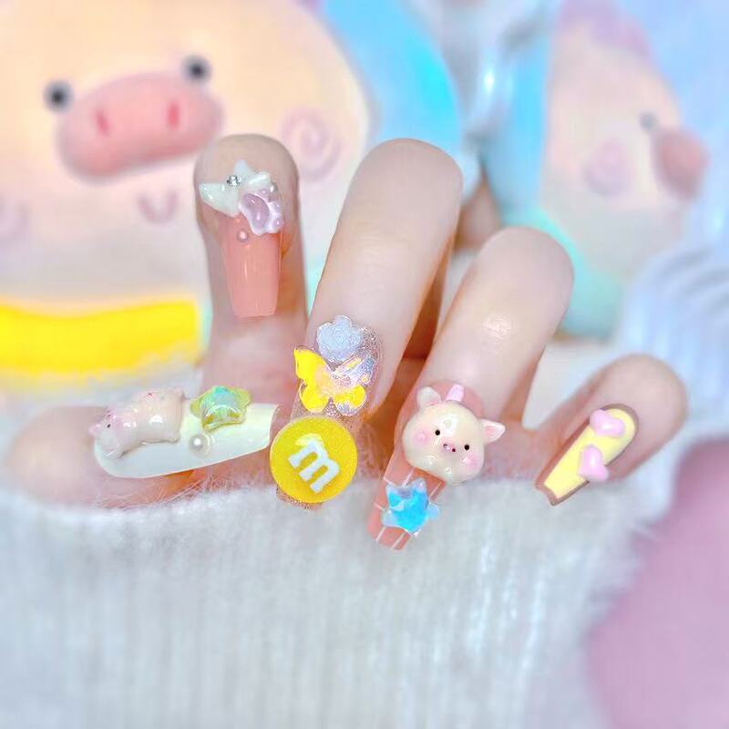 New Handmade Wearable Nail Products Toast Pig Series Macaron Greedy Pig Fake Nail Stickers Wholesale U34