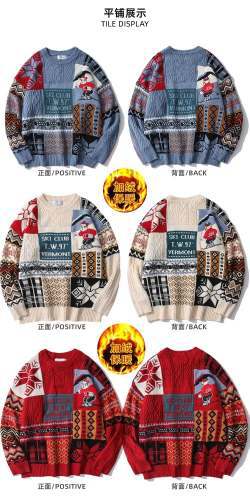 Navidad Hong Kong estilo retro oso suéter cuello redondo de los Hombres estilo perezoso suelta Otoño e Invierno ropa de punto de la pareja moda