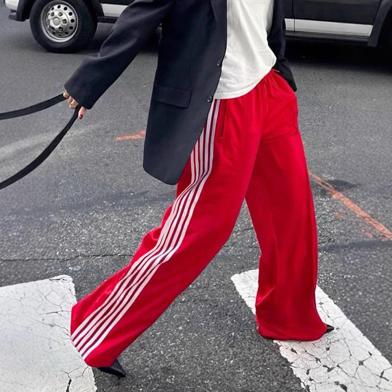 Y2K Wide Leg Sweatpants Loose Side Stripe Jogger Sweatpants Elastic Waist Color Matching All-Match Block Pocket Trousers