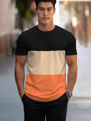 2025 Summer Fashion Patchwork Print Men's Crew Neck Loose Breathable T-Shirt Athletic Fitness Top