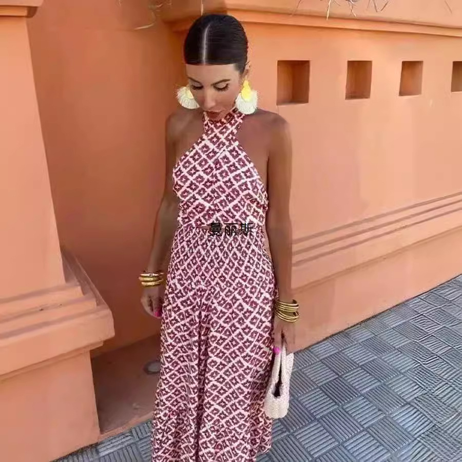 유럽과 미국 스타일 공급 2024 여름 휴가 스타일 미니멀리스트 느슨한 프린트 넥 탑 오버 스커트 비치 스커트 비치 스커트