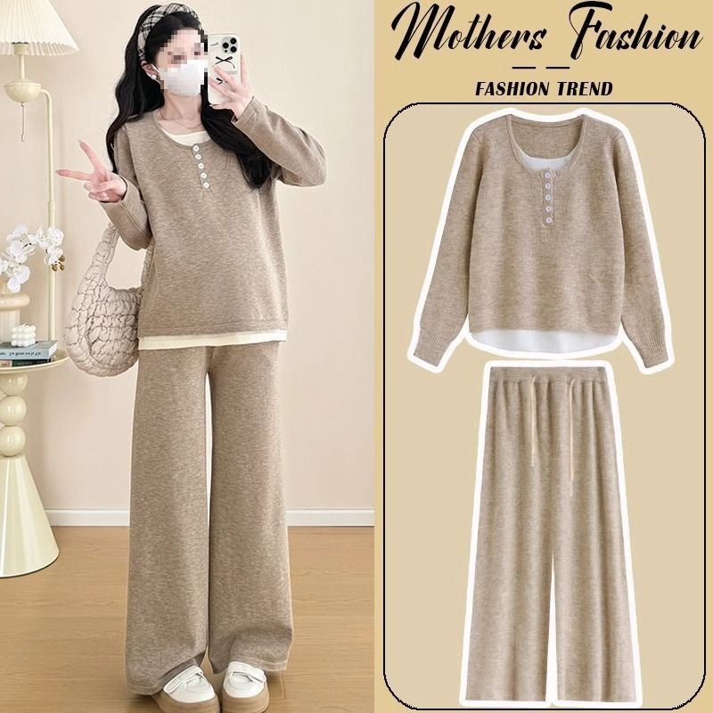 Elegant and Sophisticated Maternity Wear New Spring and Autumn Two-Piece Sweatshirt with Patchwork Top and Wide-Leg Pants Set to Cover the Belly