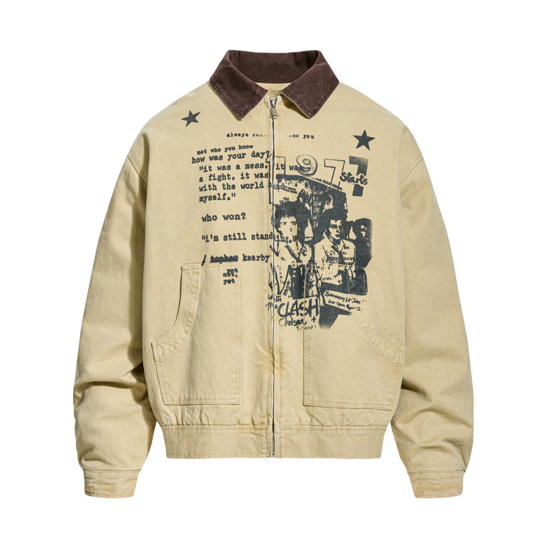 American Retro Portrait Letter Print Splicing Workwear Lapel Jacket for Men and Women Autumn and Winter Loose Casual Velvet Jacket American Retro Portrait Letter Print Splicing Workwear Lapel Jacket for Men and Women Autumn and Winter Loose Casual Velvet Jacket