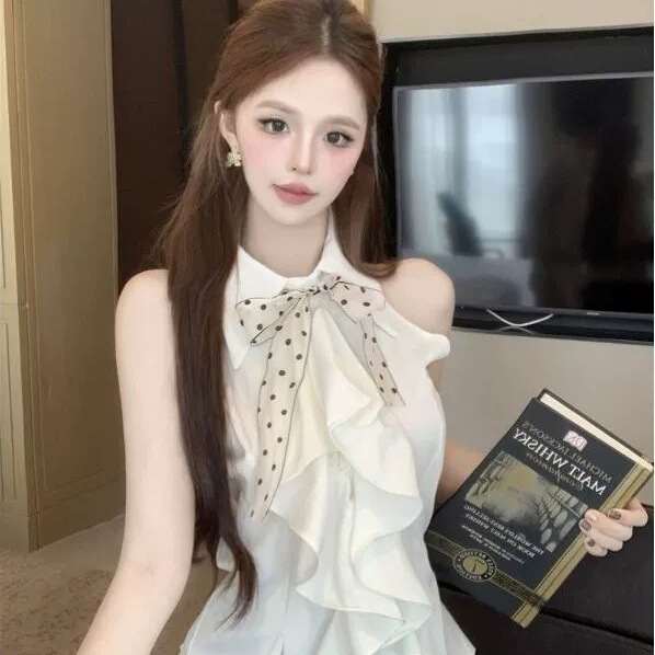 French-Style Satin Off-Shoulder Waist-Cinching Slimming Shirt for Women, 2026 Summer Ruffled Tie-Up Top, Stunning and Unique Blouse French-Style Satin Off-Shoulder Waist-Cinching Slimming Shirt for Women, 2026 Summer Ruffled Tie-Up Top, Stunning and Unique Blouse