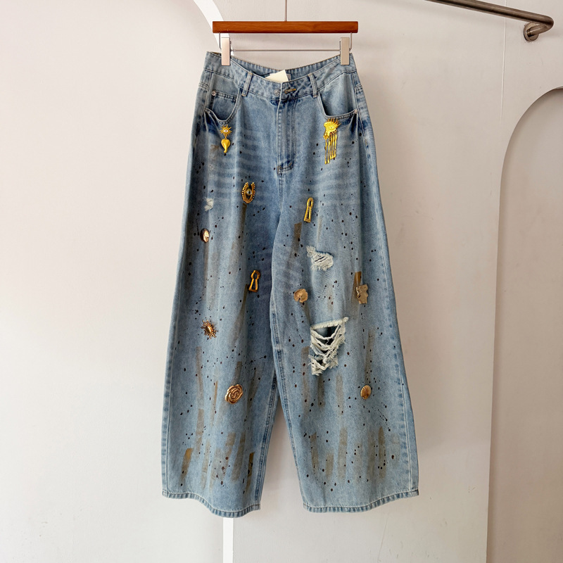 Thirteen Lines Australian Niche High Street Style Ripped Graffiti Jeans Slimming Wide-Leg Scimitar Pants Long Pants A1 # 2143 Thirteen Lines Australian Niche High Street Style Ripped Graffiti Jeans Slimming Wide-Leg Scimitar Pants Long Pants A1 # 2143