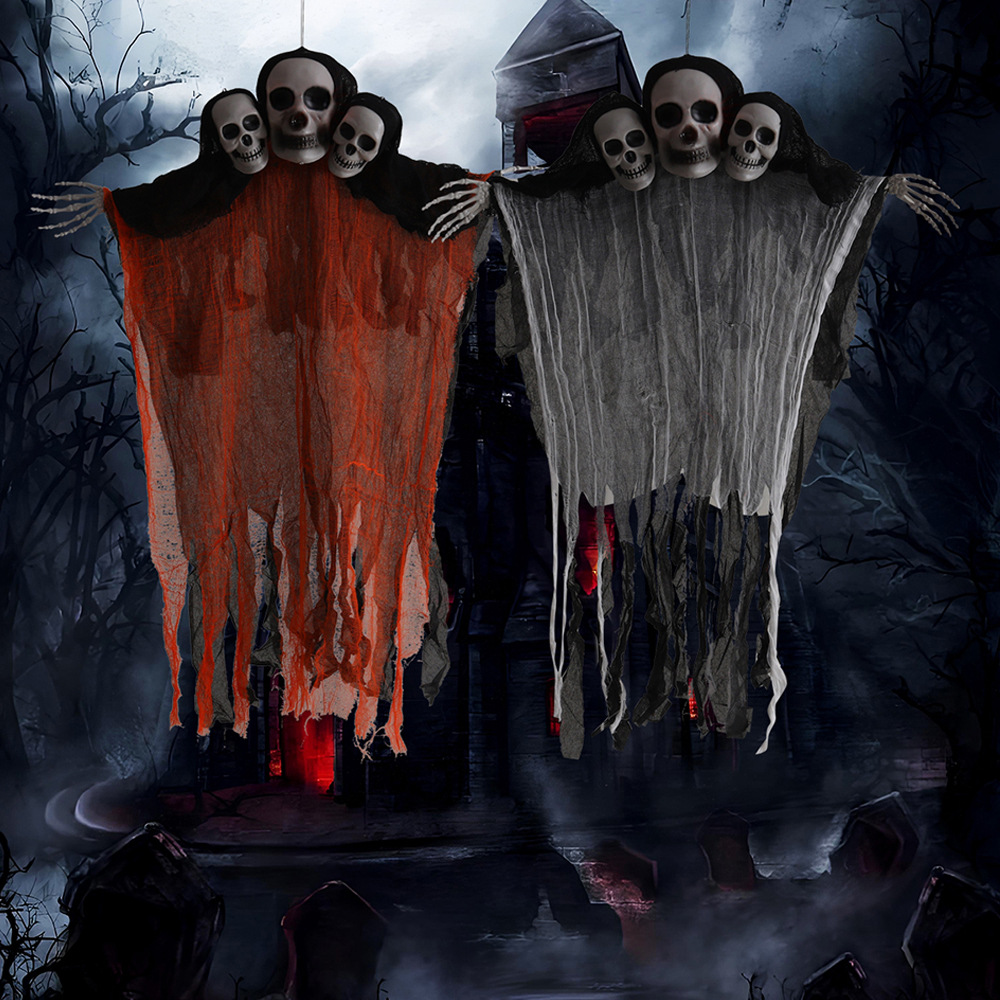 Halloween transfronterizo colgar fantasmas de tres cabezas cascada colgar fantasmas habitaciones secretas patio colgar decoración de horrores accesorios