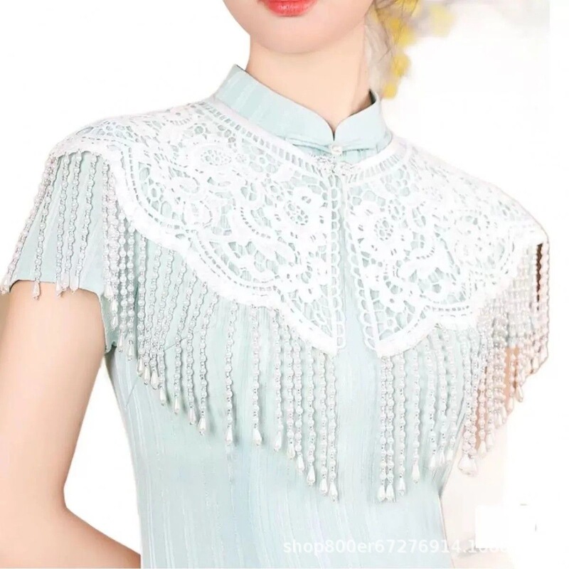 Chinese-Style Versatile Lace Tassel Cloud Shoulder Shawl, Hanfu Ancient Style Retro Improved National Style Pearl Pendant Chinese-Style Versatile Lace Tassel Cloud Shoulder Shawl, Hanfu Ancient Style Retro Improved National Style Pearl Pendant