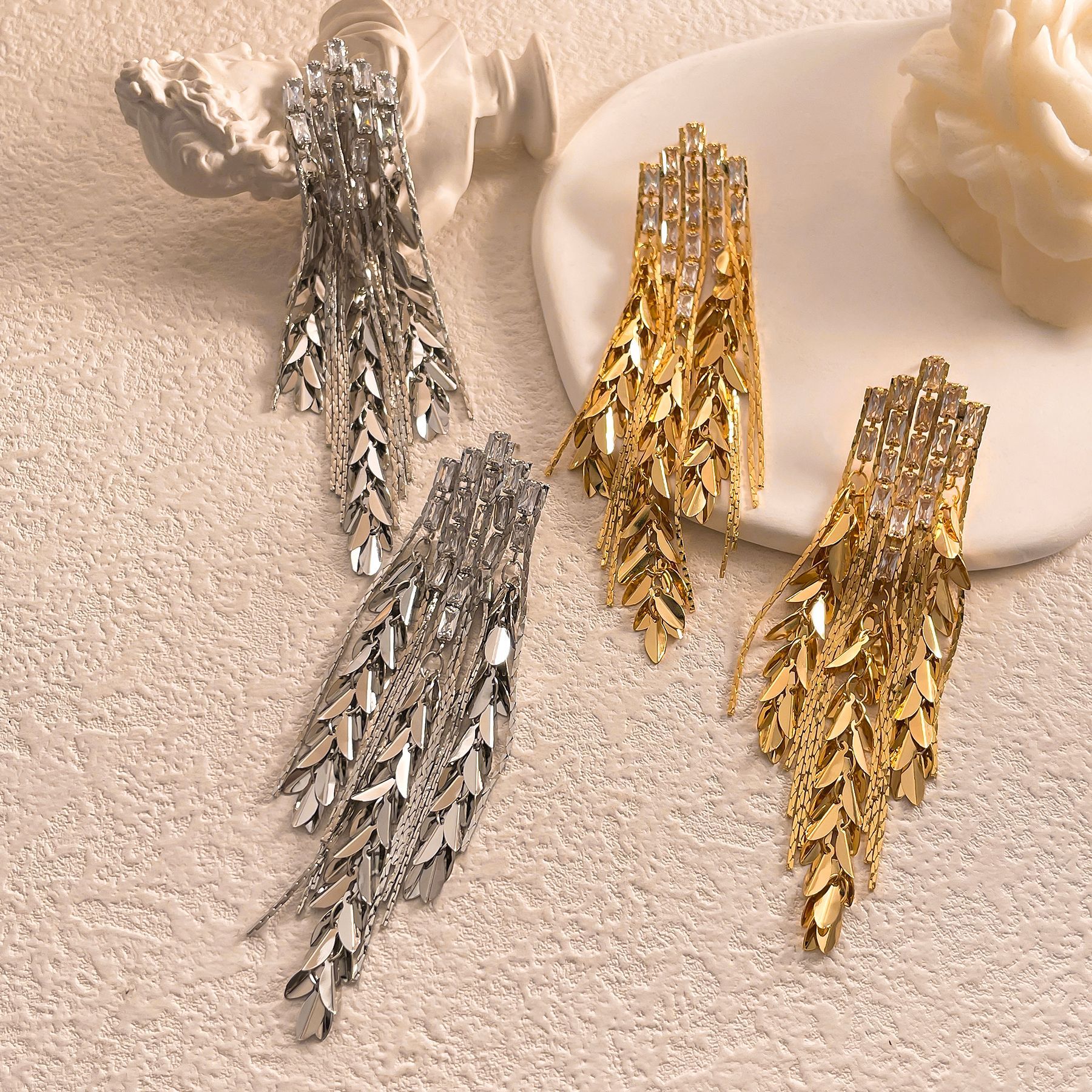 Designer Clip-earrings With Wheat Ear And Leaf Tassels Gold Silver_voghion.com