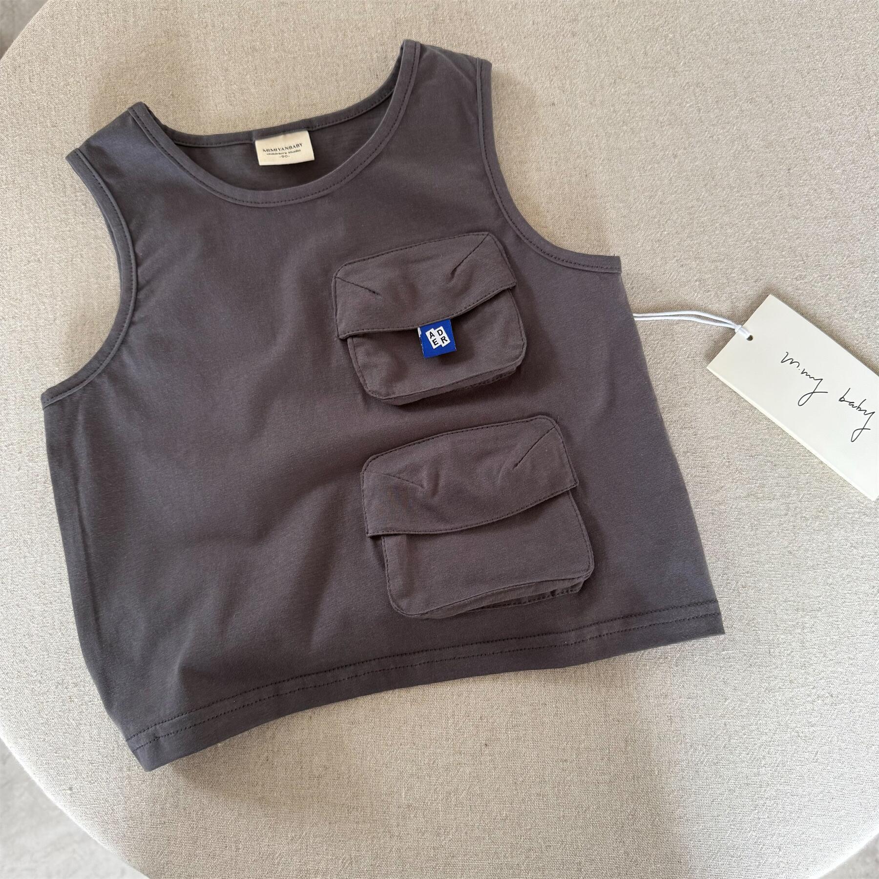 Chaleco de limón salado para siete niños 25 verano niños y niñas bolsillo japonés herramientas sin mangas T bebé para niños camiseta de algodón de estilo occidental