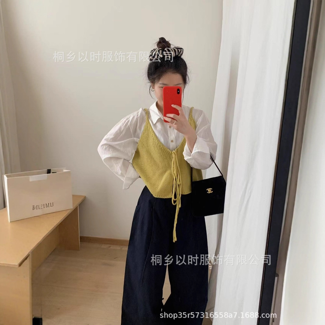以时羊毛混纺韩系针织外搭吊带女装系带小个子时髦针织外穿女装