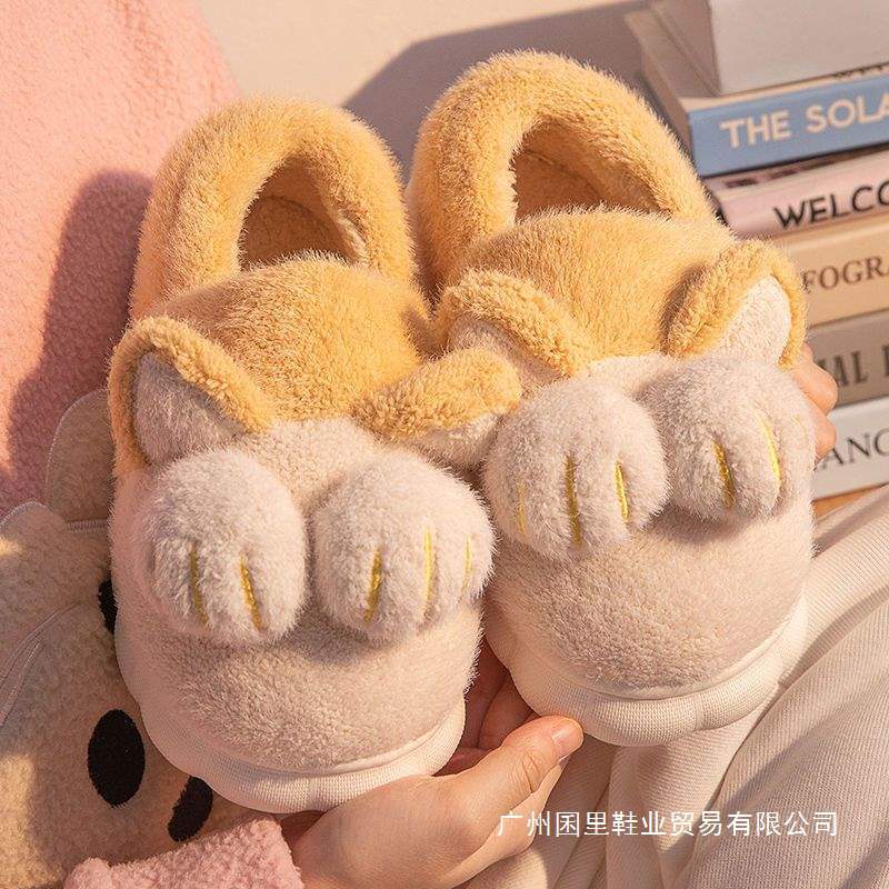 Covered Heel Cotton Slippers for All Seasons, Women's Home, Indoor, Non-Slip, Soft Bottom, All-Season Warm, Cute Cat Claw Dormitory Cotton Shoes for Men