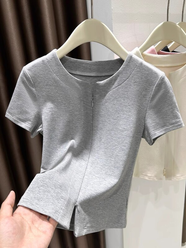 ピンク甘いドーパミンアイスシルクニット半袖 Tシャツ女性の夏 2025 新しいジッパースリットボトリングシャツトップ|undefined