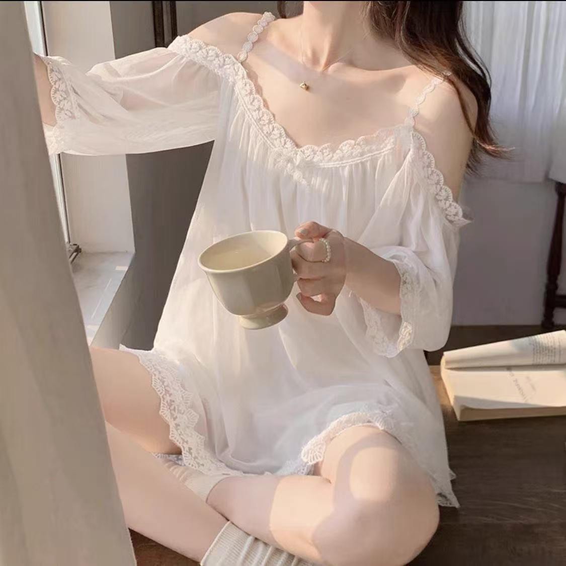 Plus-Size One-Shoulder Mesh Nightgown Set with Chest Pads, Sheer Polyester Top and Shorts — detail image 2