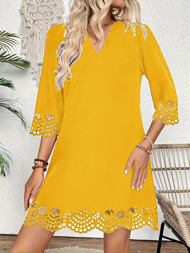 Elegant Women's Floral Lace Hollow Out Dress V Neck Cross-border