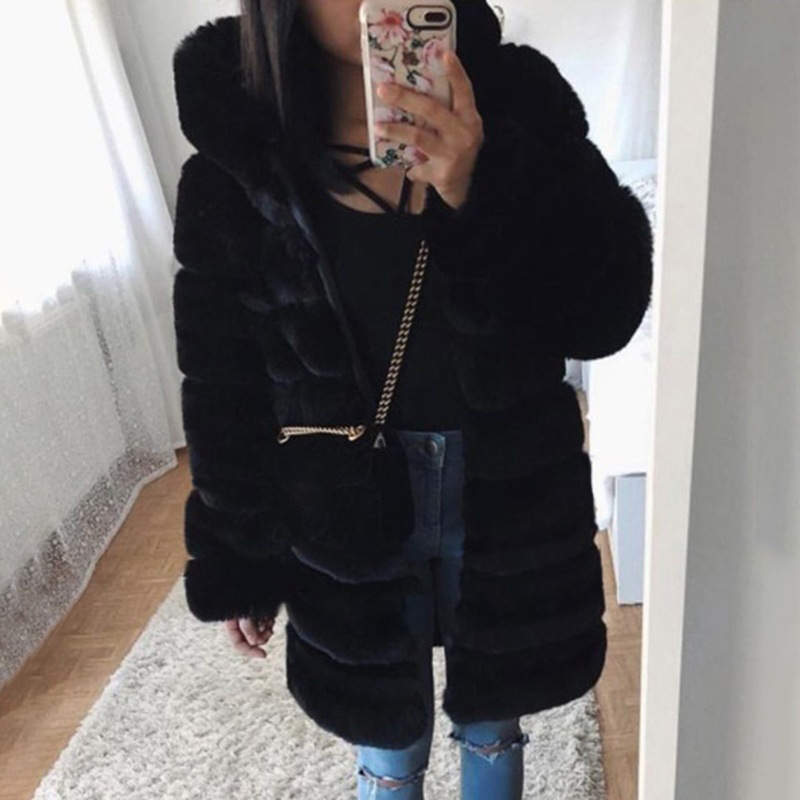 Women's Clothing Autumn and winter new women's mid length swing hood fur jacket top women's plush warm jacket_voghion.com
