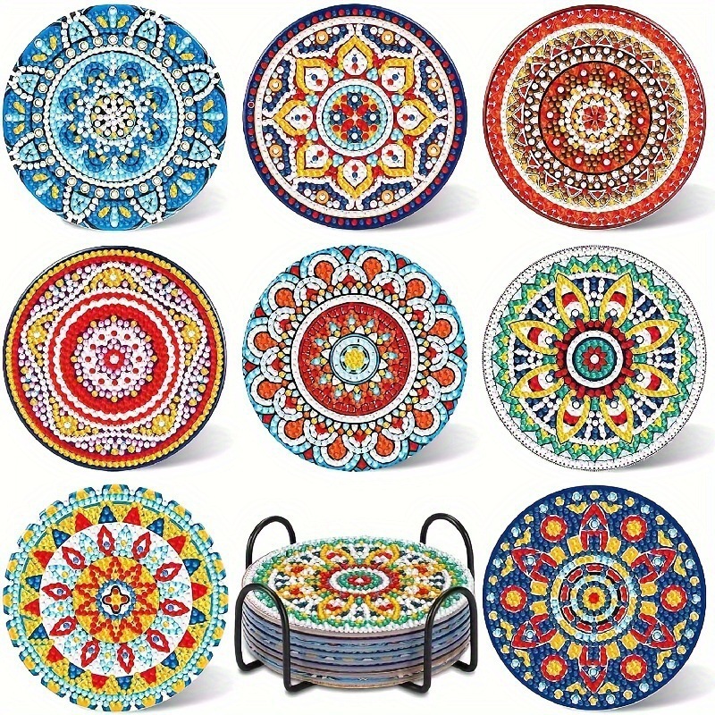 Ventas transfronterizas calientes de 8 piezas de conjunto de cojín de taza de arte de diamante, con soporte, pequeño conjunto de pintura de diamante, adecuado para adultos