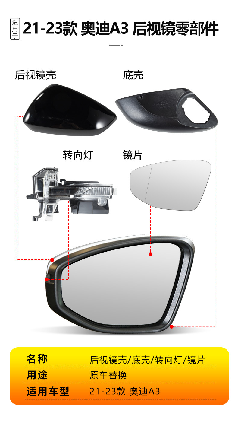 Suitable for 2014-2024 Audi A3 rearview mirror housing, A3L reversing mirror lens, turn signal reflector frame, lower bottom shell