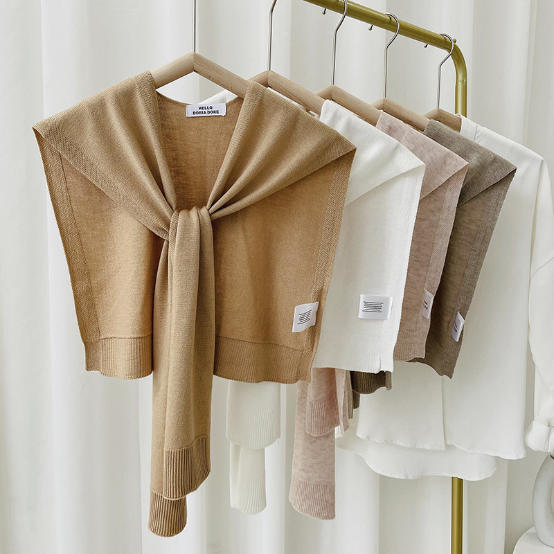 Knitted Shawl for Women, Spring and Summer Korean Version, New High-End Solid Color Wool Shawl for Air-Conditioned Rooms, Fake Collar, Outerwear