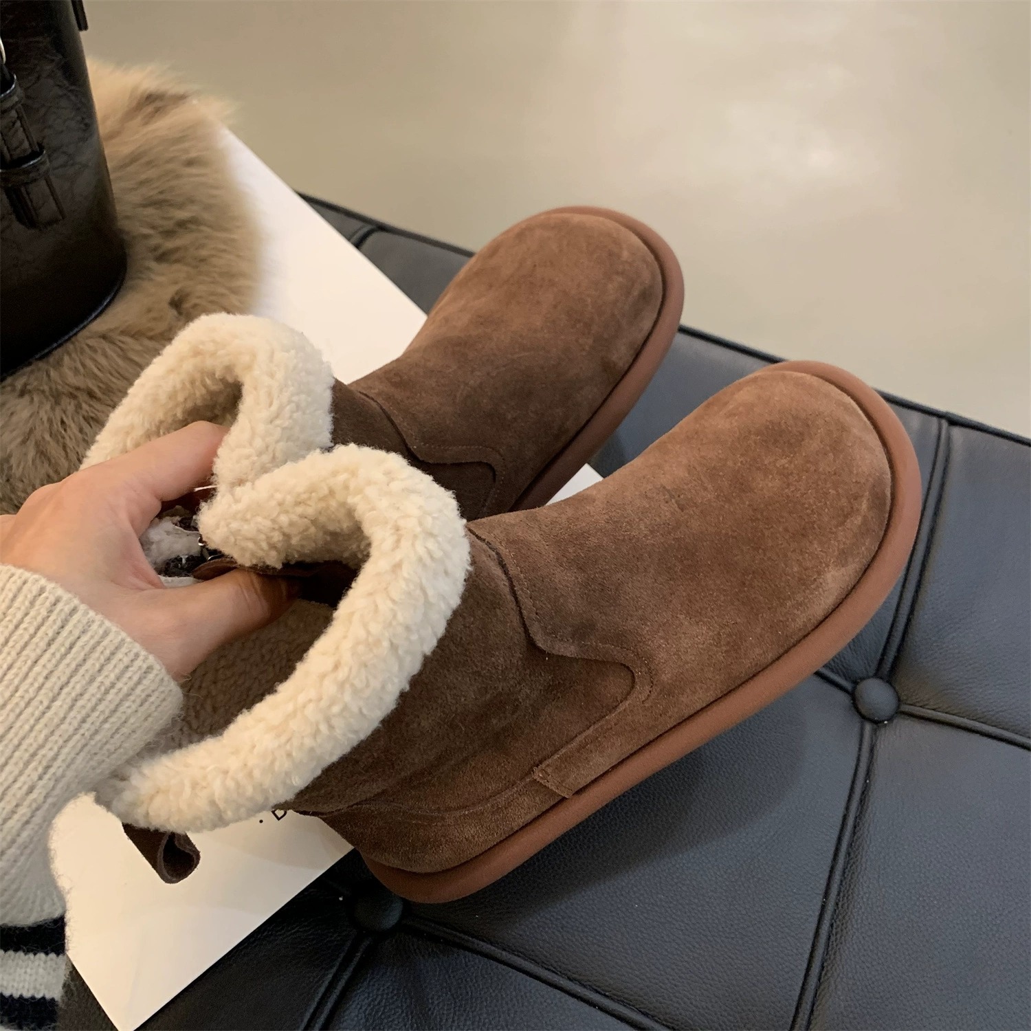 Snow boots women's winter fur one thick warm ankle boots with velvet cotton shoes_voghion.com