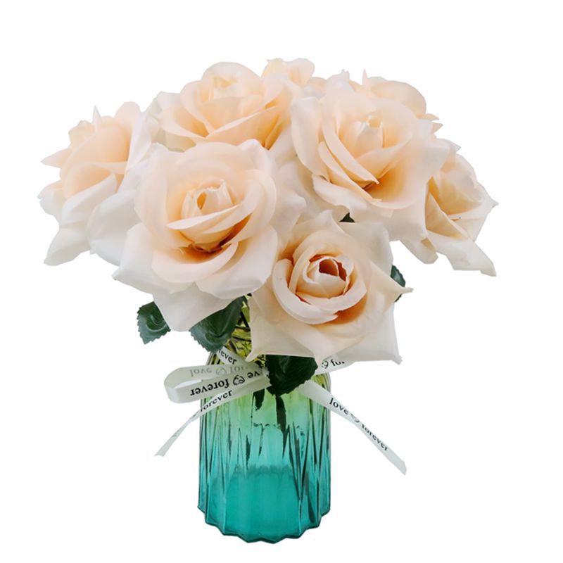 Venta al por mayor directamente de fábrica: conjunto de rosas realistas, arreglo floral decorativo en florero de vidrio, ramo de flores artificiales, alta simulación.